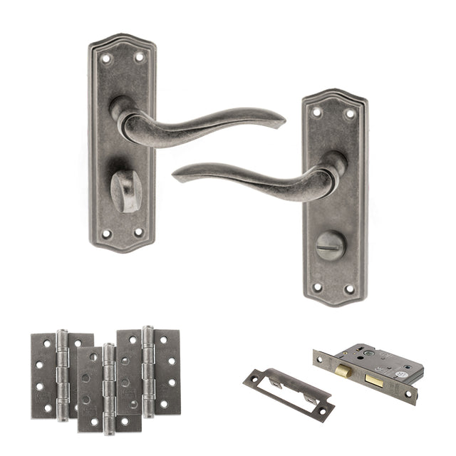 Quality image of Old English Warwick Door Handle Pack (Bathroom Set - 2.5" CE Bathroom Lock, 4" Fire Rated Hinges x3) - Distressed Silver | Sku. adpoe178wcds10 | available from Trade Door Handles.
