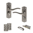 Quality image of Old English Warwick Door Handle Pack (Bathroom Set - 3" CE Bathroom Lock, 4" Slim Knuckle Hinges x2) - Distressed Silver | Sku. adpoe178wcds13 | available from Trade Door Handles.