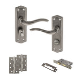 Quality image of Old English Warwick Door Handle Pack (Bathroom Set - 3" CE Bathroom Lock, 4" Slim Knuckle Hinges x2) - Distressed Silver | Sku. adpoe178wcds13 | available from Trade Door Handles.