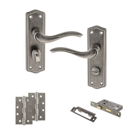 Quality image of Old English Warwick Door Handle Pack (Bathroom Set - 3" CE Bathroom Lock, 4" Slim Knuckle Hinges x2) - Distressed Silver | Sku. adpoe178wcds13 | available from Trade Door Handles.