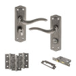 Quality image of Old English Warwick Door Handle Pack (Bathroom Set - 2.5" CE Bathroom Lock, 3" Fire Rated Hinges x3) - Distressed Silver | Sku. adpoe178wcds8 | available from Trade Door Handles.