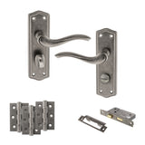 Quality image of Old English Warwick Door Handle Pack (Bathroom Set - 2.5" CE Bathroom Lock, 3" Fire Rated Hinges x3) - Distressed Silver | Sku. adpoe178wcds8 | available from Trade Door Handles.