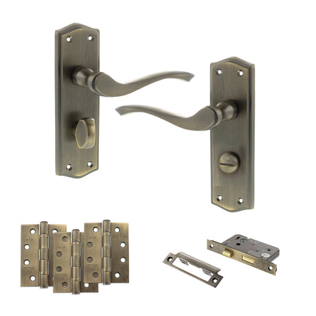 Quality image of Old English Warwick Door Handle Pack (Bathroom Set - 3" CE Bathroom Lock, 4" Fire Rated Hinges x3) - Matt Antique Brass | Sku. adpoe178wcmab11 | available from Trade Door Handles.