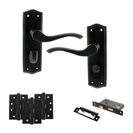 Quality image of Old English Warwick Door Handle Pack (Bathroom Set - 3" CE Bathroom Lock, 4" Fire Rated Hinges x3) - Matt Black | Sku. adpoe178wcmb11 | available from Trade Door Handles.