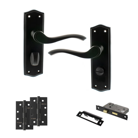 Quality image of Old English Warwick Door Handle Pack (Bathroom Set - 2.5" CE Bathroom Lock, 4" Slim Knuckle Hinges x2) - Matt Black | Sku. adpoe178wcmb12 | available from Trade Door Handles.