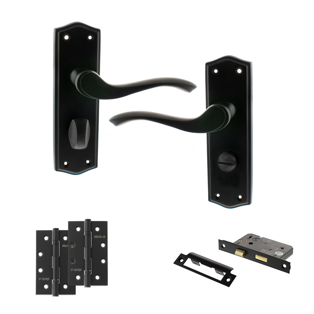 Quality image of Old English Warwick Door Handle Pack (Bathroom Set - 3" CE Bathroom Lock, 4" Slim Knuckle Hinges x2) - Matt Black | Sku. adpoe178wcmb13 | available from Trade Door Handles.