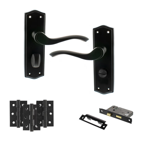 Quality image of Old English Warwick Door Handle Pack (Bathroom Set - 3" CE Bathroom Lock, 3" Fire Rated Hinges x3) - Matt Black | Sku. adpoe178wcmb9 | available from Trade Door Handles.
