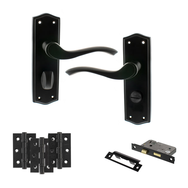Quality image of Old English Warwick Door Handle Pack (Bathroom Set - 3" CE Bathroom Lock, 3" Fire Rated Hinges x3) - Matt Black | Sku. adpoe178wcmb9 | available from Trade Door Handles.