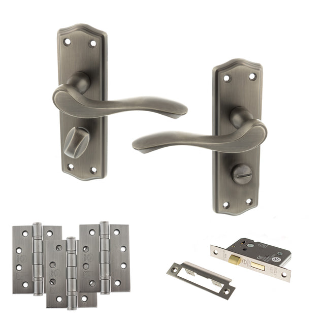 Quality image of Old English Warwick Door Handle Pack (Bathroom Set - 3" CE Bathroom Lock, 4" Fire Rated Hinges x3) - Matt Gun Metal | Sku. adpoe178wcmbn11 | available from Trade Door Handles.