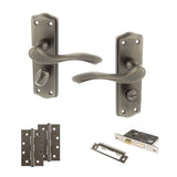 Quality image of Old English Warwick Door Handle Pack (Bathroom Set - 3" CE Bathroom Lock, 4" Slim Knuckle Hinges x2) - Matt Gun Metal | Sku. adpoe178wcmbn13 | available from Trade Door Handles.