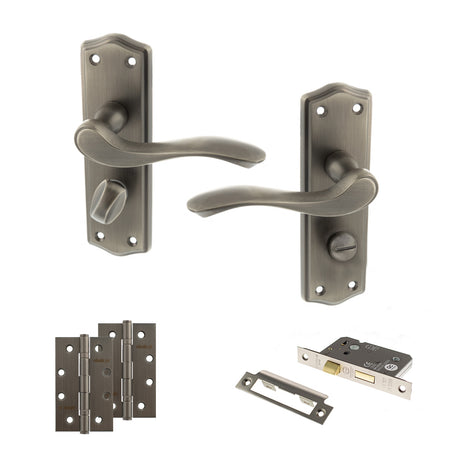 Quality image of Old English Warwick Door Handle Pack (Bathroom Set - 3" CE Bathroom Lock, 4" Slim Knuckle Hinges x2) - Matt Gun Metal | Sku. adpoe178wcmbn13 | available from Trade Door Handles.