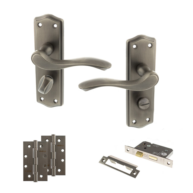Quality image of Old English Warwick Door Handle Pack (Bathroom Set - 3" CE Bathroom Lock, 4" Slim Knuckle Hinges x2) - Matt Gun Metal | Sku. adpoe178wcmbn13 | available from Trade Door Handles.