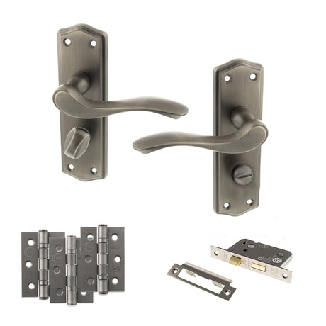 Quality image of Old English Warwick Door Handle Pack (Bathroom Set - 3" CE Bathroom Lock, 3" Fire Rated Hinges x3) - Matt Gun Metal | Sku. adpoe178wcmbn9 | available from Trade Door Handles.