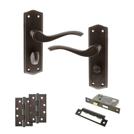 Quality image of Old English Warwick Door Handle Pack (Bathroom Set - 2.5" CE Bathroom Lock, 4" Slim Knuckle Hinges x2) - Urban Dark Bronze | Sku. adpoe178wcudb12 | available from Trade Door Handles.