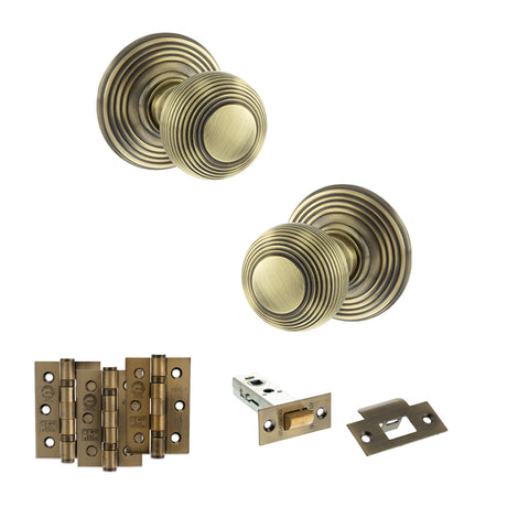 Quality image of Old English Ripon Door Knob Pack (Latch Set - 4" HD Latch, 3" Fire Rated Hinges x3) - Antique Brass | Sku. adpoe50rmkab55 | available from Trade Door Handles.