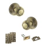 Quality image of Old English Ripon Door Knob Pack (Latch Set - 4" HD Latch, 4" Slim Knuckle Hinges x2) - Antique Brass | Sku. adpoe50rmkab59 | available from Trade Door Handles.