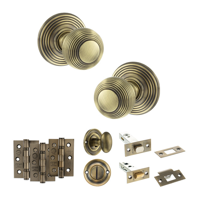 Quality image of Old English Ripon Door Knob Pack (Bathroom Set - 3" Deadbolt, 3" Fire Rated Hinges x3) - Antique Brass | Sku. adpoe50rmkab60 | available from Trade Door Handles.