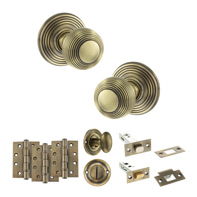 Quality image of Old English Ripon Door Knob Pack (Bathroom Set - 3" Deadbolt, 4" Fire Rated Hinges x3) - Antique Brass | Sku. adpoe50rmkab62 | available from Trade Door Handles.