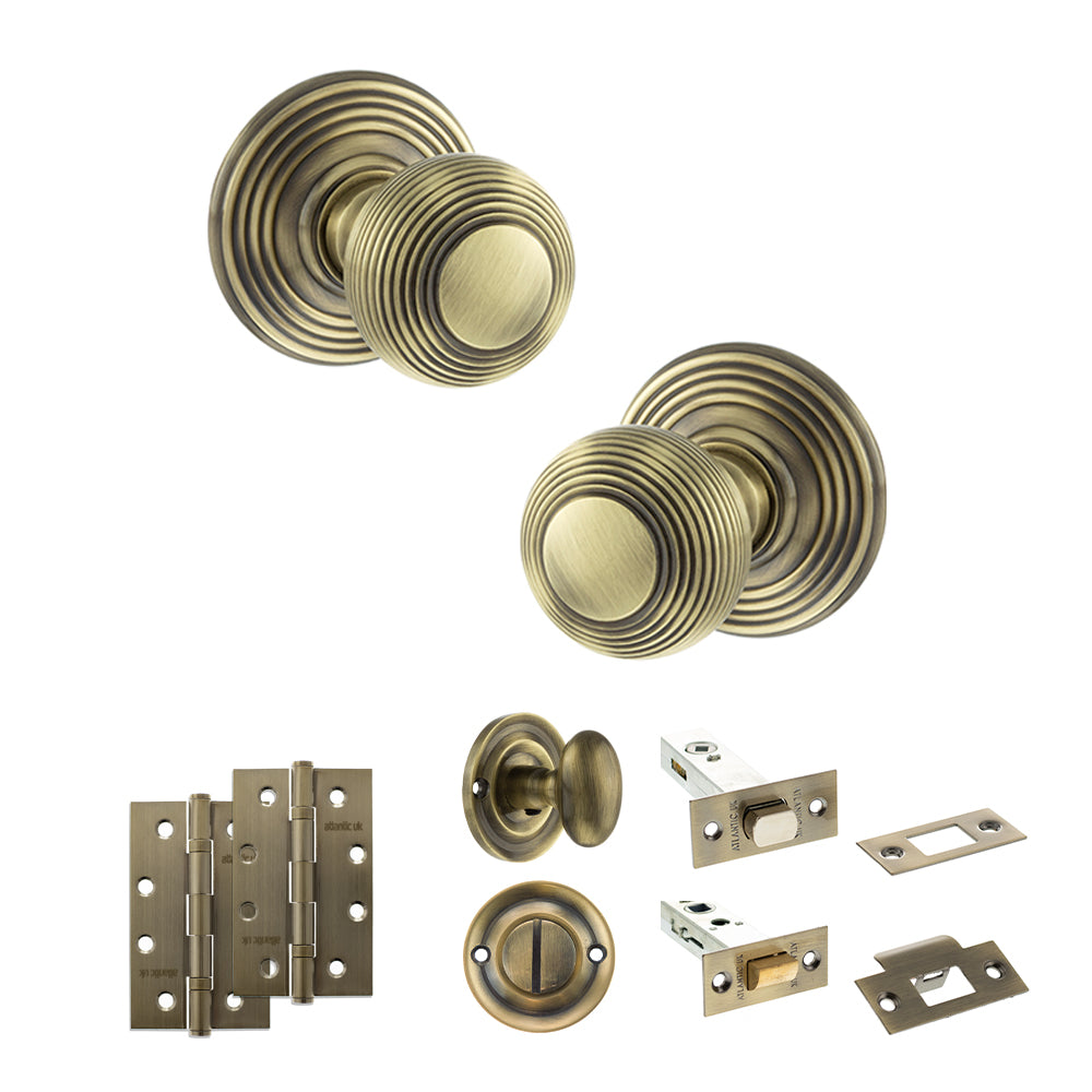 Quality image of Old English Ripon Door Knob Pack (Bathroom Set - 3" Deadbolt, 4" Slim Knuckle Hinges x2) - Antique Brass | Sku. adpoe50rmkab64 | available from Trade Door Handles.
