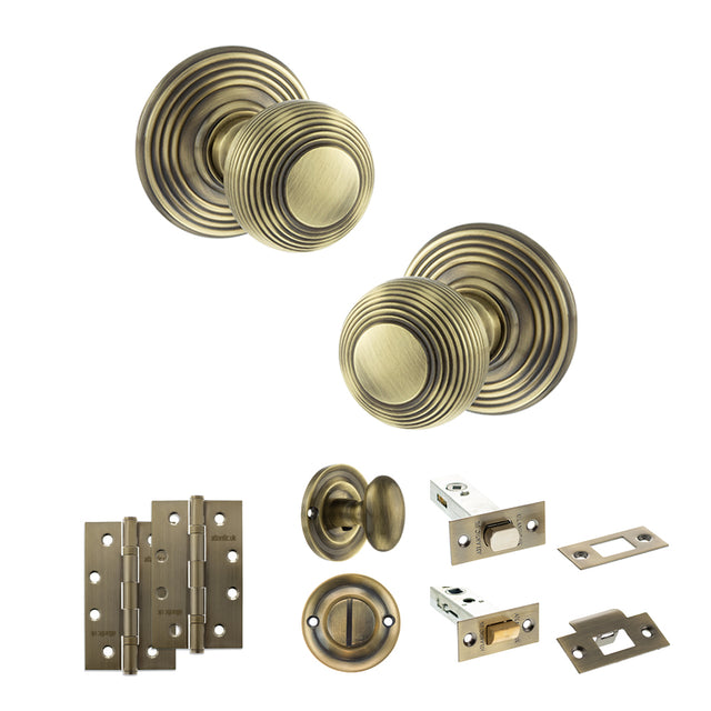 Quality image of Old English Ripon Door Knob Pack (Bathroom Set - 3" Deadbolt, 4" Slim Knuckle Hinges x2) - Antique Brass | Sku. adpoe50rmkab64 | available from Trade Door Handles.