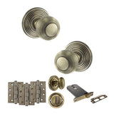 Quality image of Old English Ripon Door Knob Pack (Lock Set - Horizontal Bathlock, 4" Fire Rated Hinges x3) - Antique Brass | Sku. adpoe50rmkab72 | available from Trade Door Handles.