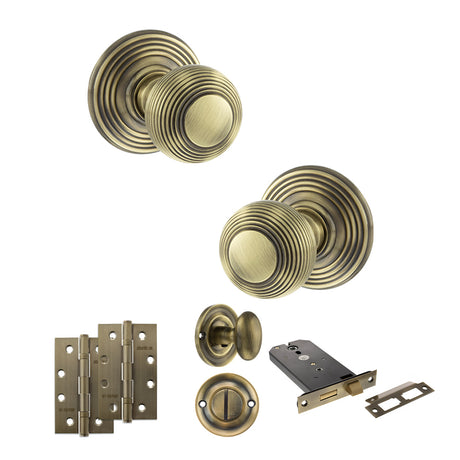 Quality image of Old English Ripon Door Knob Pack (Lock Set - Horizontal Bathlock, 4" Slim Knuckle Hinges x2) - Antique Brass | Sku. adpoe50rmkab74 | available from Trade Door Handles.