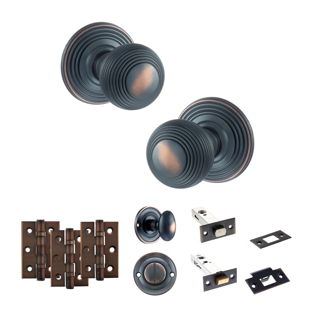 Quality image of Old English Ripon Door Knob Pack (Bathroom Set - 4" Deadbolt, 3" Fire Rated Hinges x3) - Antique Copper | Sku. adpoe50rmkac61 | available from Trade Door Handles.