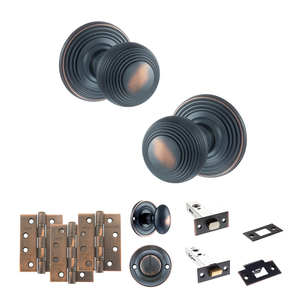 Quality image of Old English Ripon Door Knob Pack (Bathroom Set - 3" Deadbolt, 4" Fire Rated Hinges x3) - Antique Copper | Sku. adpoe50rmkac62 | available from Trade Door Handles.