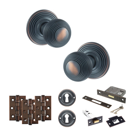 Quality image of Old English Ripon Door Knob Pack (Lock Set - 3" Latch & Deadlock, 3" Fire Rated Hinges x3) - Antique Copper | Sku. adpoe50rmkac66 | available from Trade Door Handles.