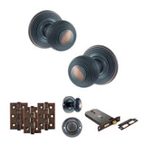 Quality image of Old English Ripon Door Knob Pack (Lock Set - Horizontal Bathlock, 3" Fire Rated Hinges x3) - Antique Copper | Sku. adpoe50rmkac70 | available from Trade Door Handles.