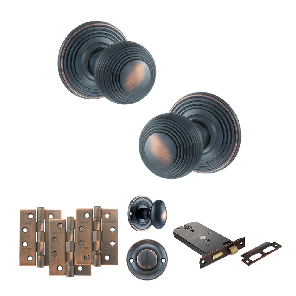Quality image of Old English Ripon Door Knob Pack (Lock Set - Horizontal Bathlock, 4" Fire Rated Hinges x3) - Antique Copper | Sku. adpoe50rmkac72 | available from Trade Door Handles.