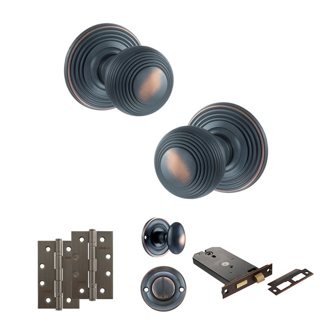 Quality image of Old English Ripon Door Knob Pack (Lock Set - Horizontal Bathlock, 4" Slim Knuckle Hinges x2) - Antique Copper | Sku. adpoe50rmkac74 | available from Trade Door Handles.
