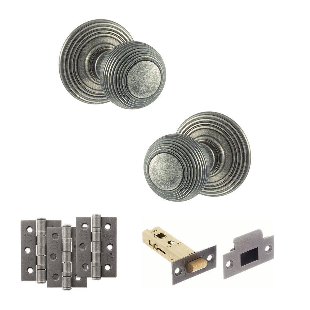 Quality image of Old English Ripon Door Knob Pack (Latch Set - 3" HD Latch, 3" Fire Rated Hinges x3) - Distressed Silver | Sku. adpoe50rmkds54 | available from Trade Door Handles.