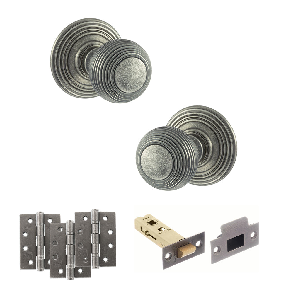 Quality image of Old English Ripon Door Knob Pack (Latch Set - 3" HD Latch, 4" Fire Rated Hinges x3) - Distressed Silver | Sku. adpoe50rmkds56 | available from Trade Door Handles.