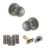 Quality image of Old English Ripon Door Knob Pack (Latch Set - 3" HD Latch, 4" Fire Rated Hinges x3) - Distressed Silver | Sku. adpoe50rmkds56 | available from Trade Door Handles.