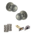 Quality image of Old English Ripon Door Knob Pack (Latch Set - 3" HD Latch, 4" Slim Knuckle Hinges x2) - Distressed Silver | Sku. adpoe50rmkds58 | available from Trade Door Handles.