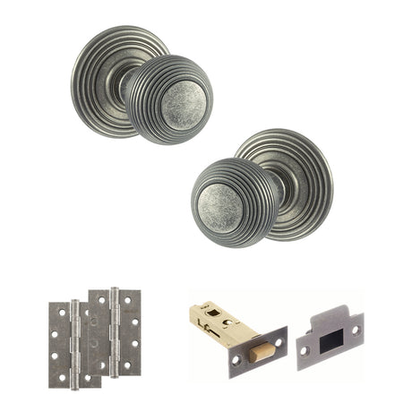 Quality image of Old English Ripon Door Knob Pack (Latch Set - 3" HD Latch, 4" Slim Knuckle Hinges x2) - Distressed Silver | Sku. adpoe50rmkds58 | available from Trade Door Handles.