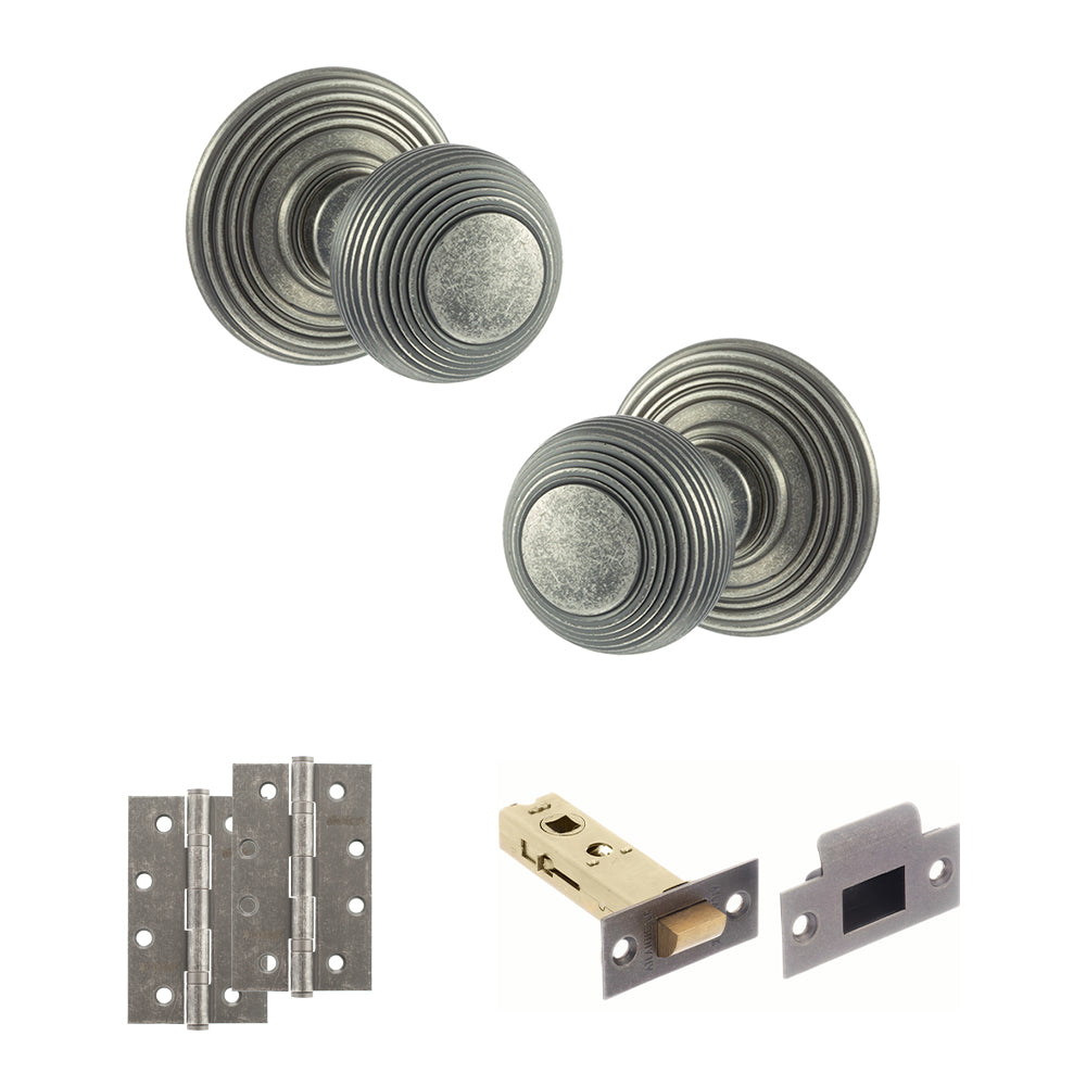Quality image of Old English Ripon Door Knob Pack (Latch Set - 4" HD Latch, 4" Slim Knuckle Hinges x2) - Distressed Silver | Sku. adpoe50rmkds59 | available from Trade Door Handles.