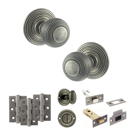 Quality image of Old English Ripon Door Knob Pack (Bathroom Set - 3" Deadbolt, 3" Fire Rated Hinges x3) - Distressed Silver | Sku. adpoe50rmkds60 | available from Trade Door Handles.