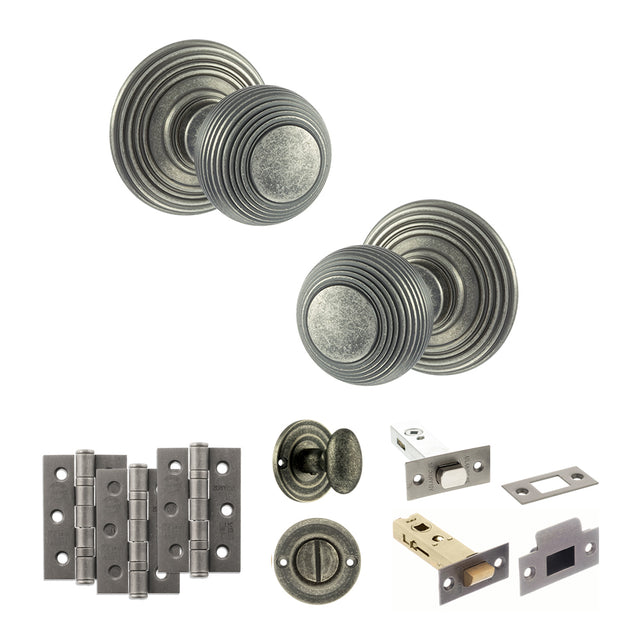 Quality image of Old English Ripon Door Knob Pack (Bathroom Set - 3" Deadbolt, 3" Fire Rated Hinges x3) - Distressed Silver | Sku. adpoe50rmkds60 | available from Trade Door Handles.