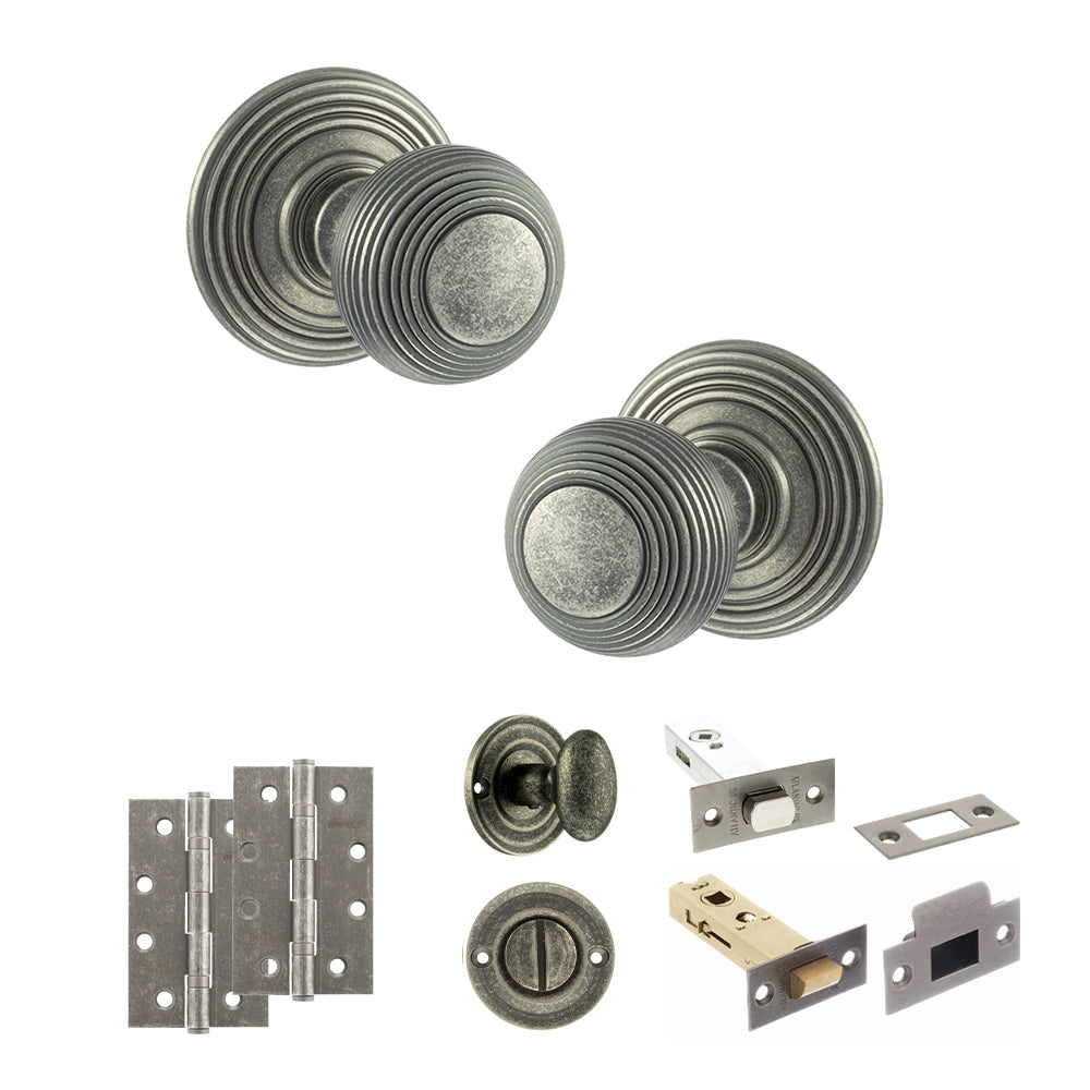 Quality image of Old English Ripon Door Knob Pack (Bathroom Set - 3" Deadbolt, 4" Slim Knuckle Hinges x2) - Distressed Silver | Sku. adpoe50rmkds64 | available from Trade Door Handles.
