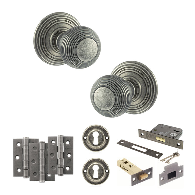 Quality image of Old English Ripon Door Knob Pack (Lock Set - 3" Latch & Deadlock, 3" Fire Rated Hinges x3) - Distressed Silver | Sku. adpoe50rmkds66 | available from Trade Door Handles.