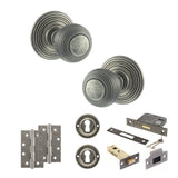 Quality image of Old English Ripon Door Knob Pack (Lock Set - 3" Latch & Deadlock, 4" Slim Knuckle Hinges x2) - Distressed Silver | Sku. adpoe50rmkds68 | available from Trade Door Handles.