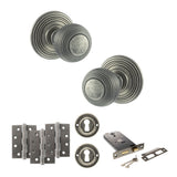 Quality image of Old English Ripon Door Knob Pack (Lock Set - Horizontal Sashlock, 3" Fire Rated Hinges x3) - Distressed Silver | Sku. adpoe50rmkds69 | available from Trade Door Handles.