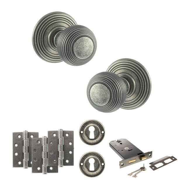 Quality image of Old English Ripon Door Knob Pack (Lock Set - Horizontal Sashlock, 3" Fire Rated Hinges x3) - Distressed Silver | Sku. adpoe50rmkds69 | available from Trade Door Handles.