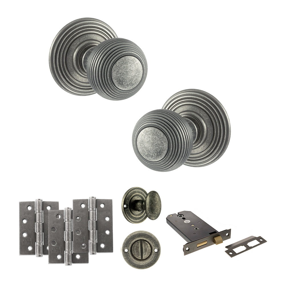 Quality image of Old English Ripon Door Knob Pack (Lock Set - Horizontal Bathlock, 3" Fire Rated Hinges x3) - Distressed Silver | Sku. adpoe50rmkds70 | available from Trade Door Handles.