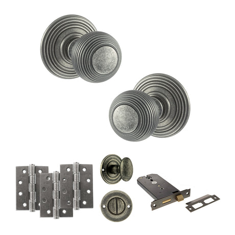 Quality image of Old English Ripon Door Knob Pack (Lock Set - Horizontal Bathlock, 3" Fire Rated Hinges x3) - Distressed Silver | Sku. adpoe50rmkds70 | available from Trade Door Handles.