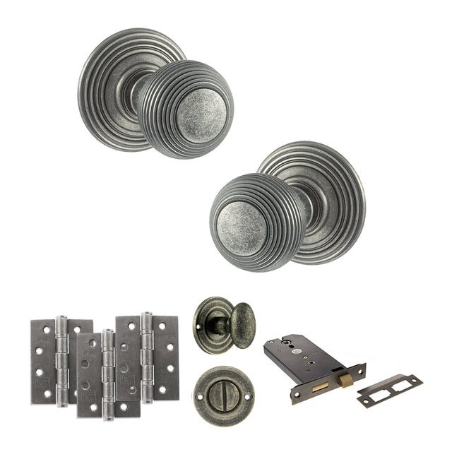 Quality image of Old English Ripon Door Knob Pack (Lock Set - Horizontal Bathlock, 3" Fire Rated Hinges x3) - Distressed Silver | Sku. adpoe50rmkds70 | available from Trade Door Handles.