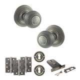 Quality image of Old English Ripon Door Knob Pack (Lock Set - Horizontal Sashlock, 4" Fire Rated Hinges x3) - Distressed Silver | Sku. adpoe50rmkds71 | available from Trade Door Handles.