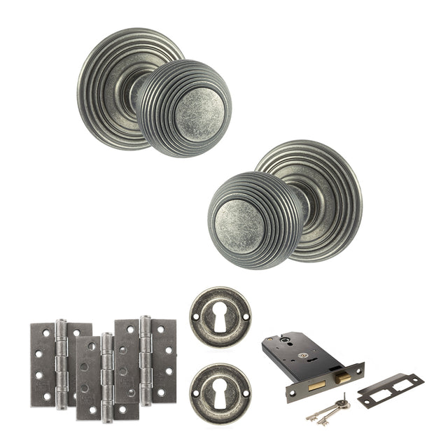 Quality image of Old English Ripon Door Knob Pack (Lock Set - Horizontal Sashlock, 4" Fire Rated Hinges x3) - Distressed Silver | Sku. adpoe50rmkds71 | available from Trade Door Handles.